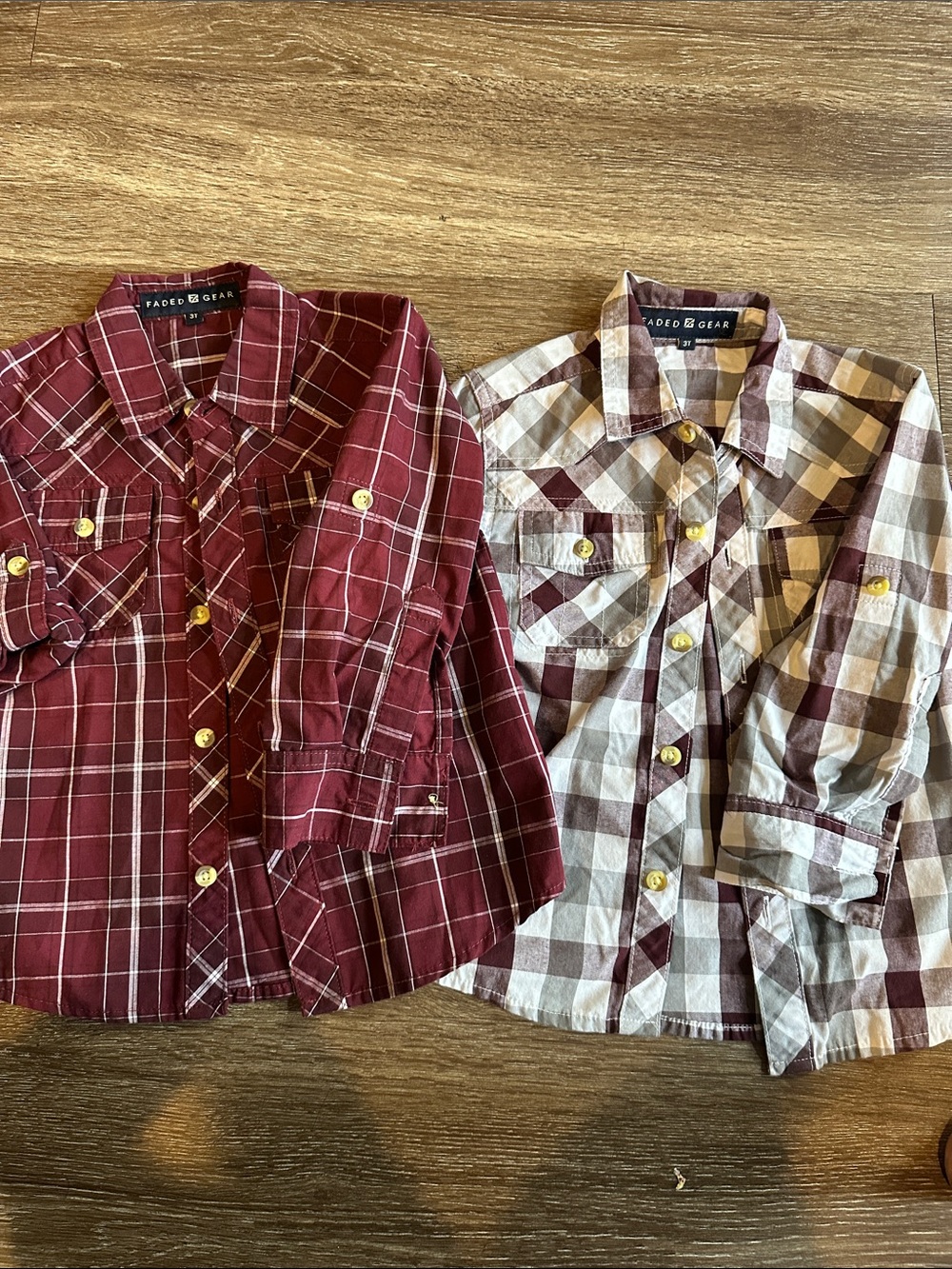 Faded Glory Burgundy & Cream Plaid Button-Front Shirt Pair